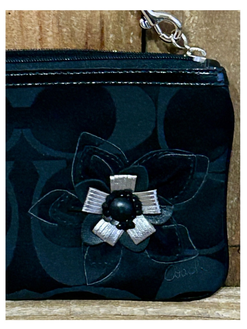 Coach Black Signature Floral Appliqué Wristlet Clutch - Picture 9 of 16